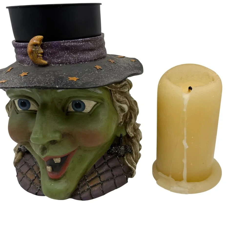 Vtg Lg Kirkland Halloween‎ Grinning Witch Head Pillar Candleholder Costco READ
